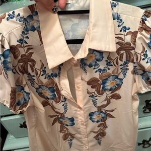 Cream Floral Button-Up Blouse with Blue & Brown Print